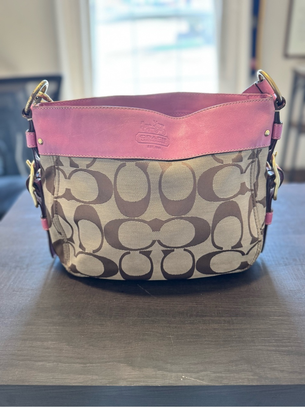 Coach Brown Signature Canvas Shoulder Bag with Pink Trim